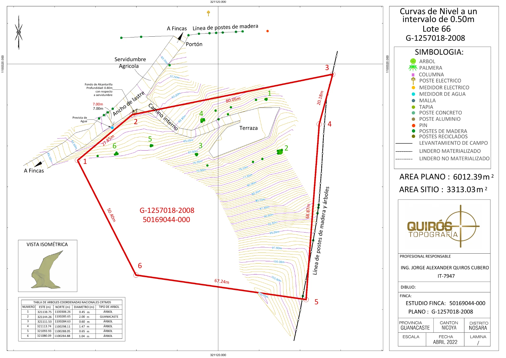Topographic survey croquis with 0.5 m contour lines